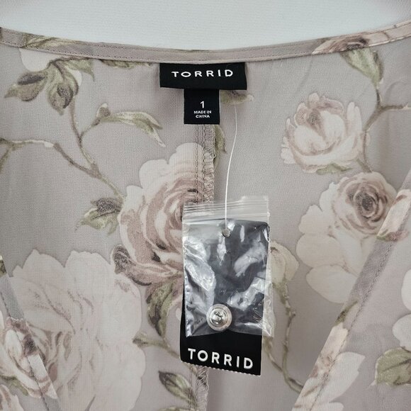 Torrid Maxi Dress Floral Long Sleeve 1X Gray Beige Tiered Chiffon Lined Boho NEW - Picture 9 of 12